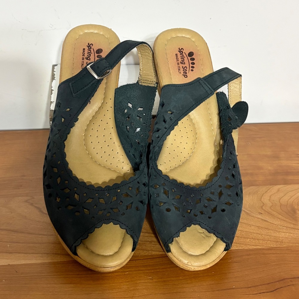 Spring Step Black Leather Laser Cut Wedge Sandals Made in Italy Size 41